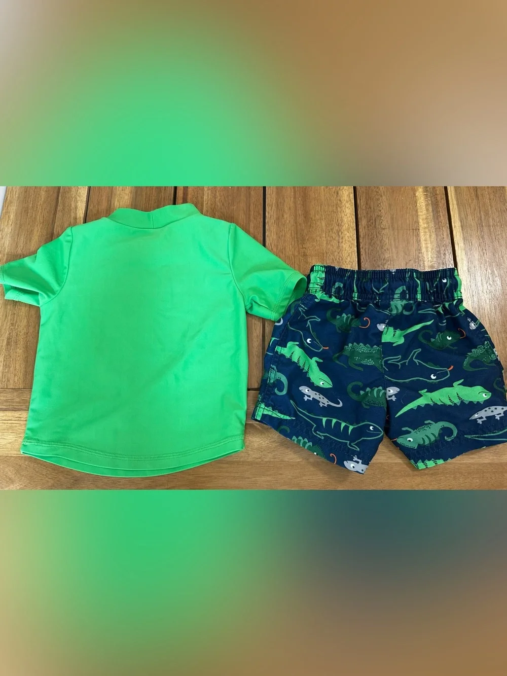 Carter's Neon Green iguana Rash Guard shirt  with Navy Swim Shorts size 9m